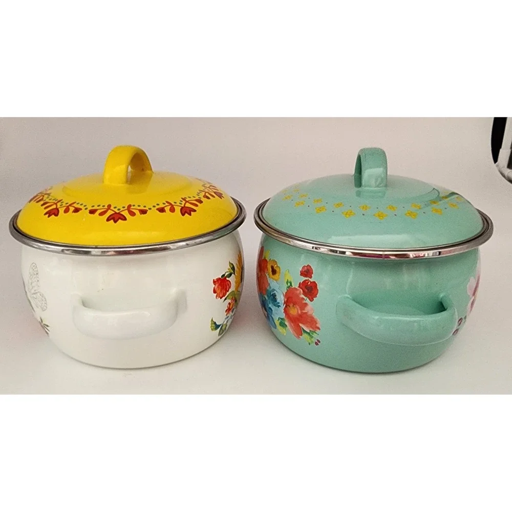 The Pioneer Woman Mini Dutch Oven Set 2pc Floral Enamel Steel Teal White 1 Qt